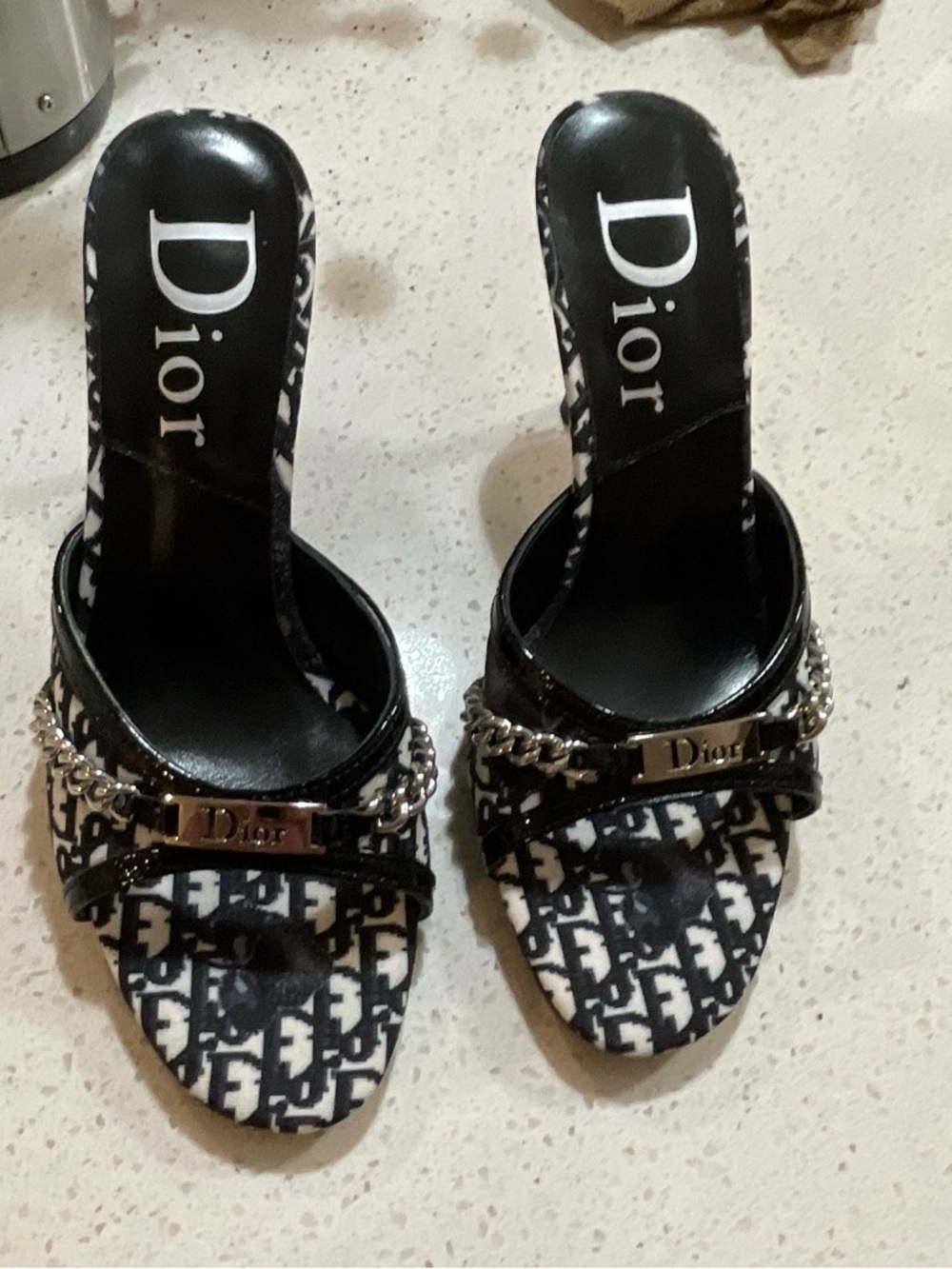 Black monogram kitten cherry blossom mules heels